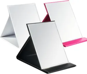 Goaste 3 Pack Portable Folding Makeup Mirror with Stand, 8x6 Inches PU Leather Travel Vanity Mirror, Adjustable Office Tabletop Mirror for Cosmetics Personal Beauty, Assorted Colors