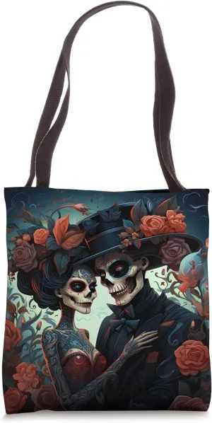 Goth Couple Day of the Dead Sugar Skulls Red Roses Tote Bag