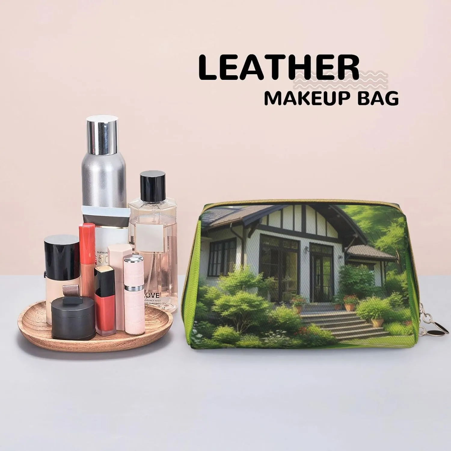 Green Lawn Printed Small Makeup Bag,Travel Cosmetic Bag Purse with Zipper,Water-resistant Makeup Organizer Bag for Women
