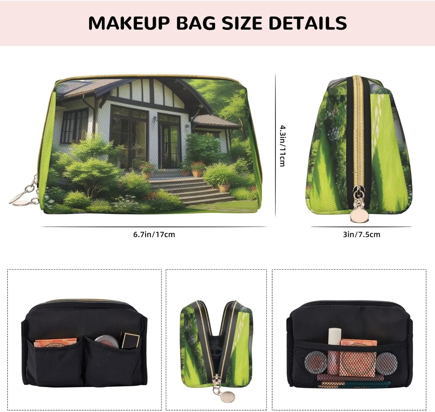 Green Lawn Printed Small Makeup Bag,Travel Cosmetic Bag Purse with Zipper,Water-resistant Makeup Organizer Bag for Women