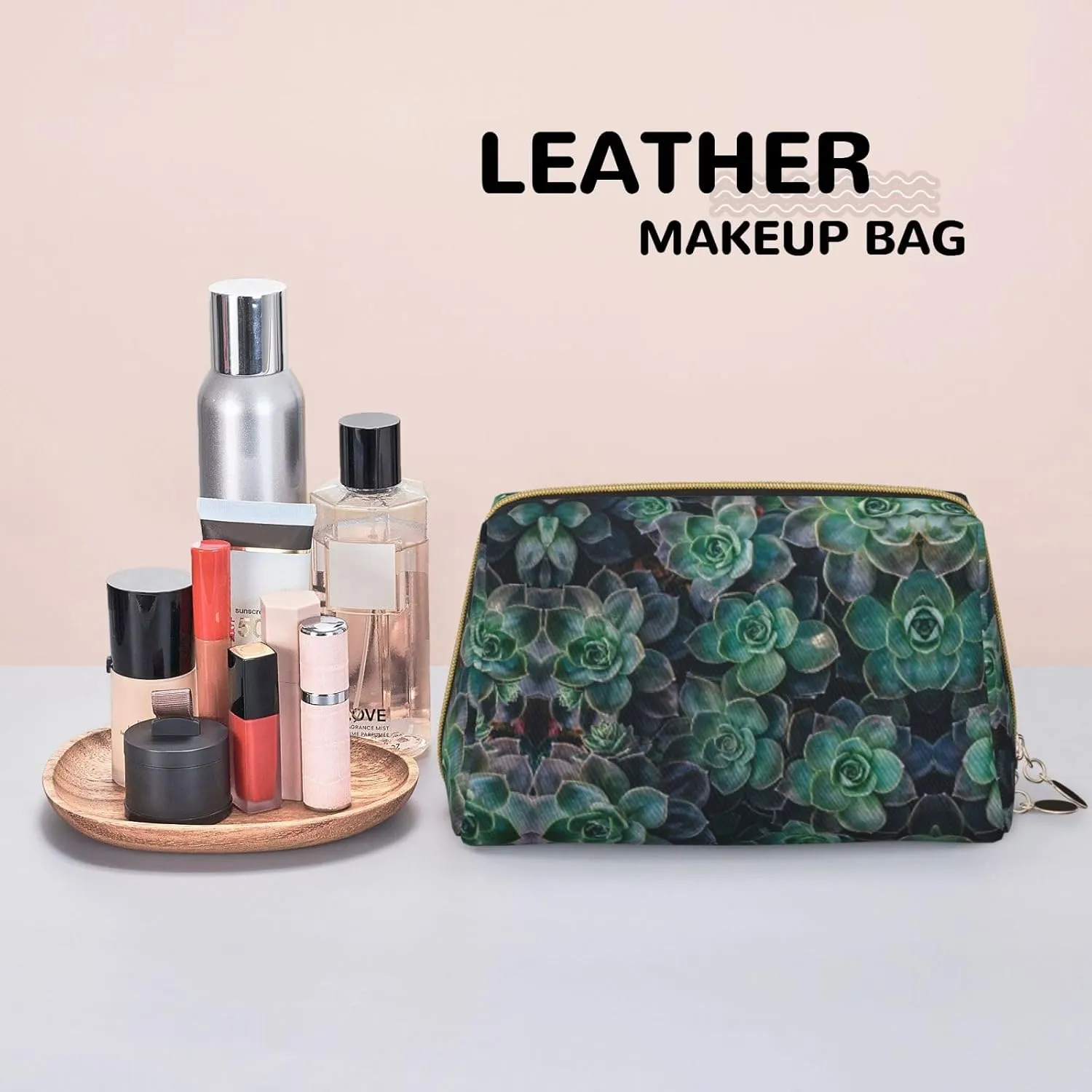 Green Succulent Toiletry Travel Bag, Portable Cosmetic Organizer For Women, On-The-Go