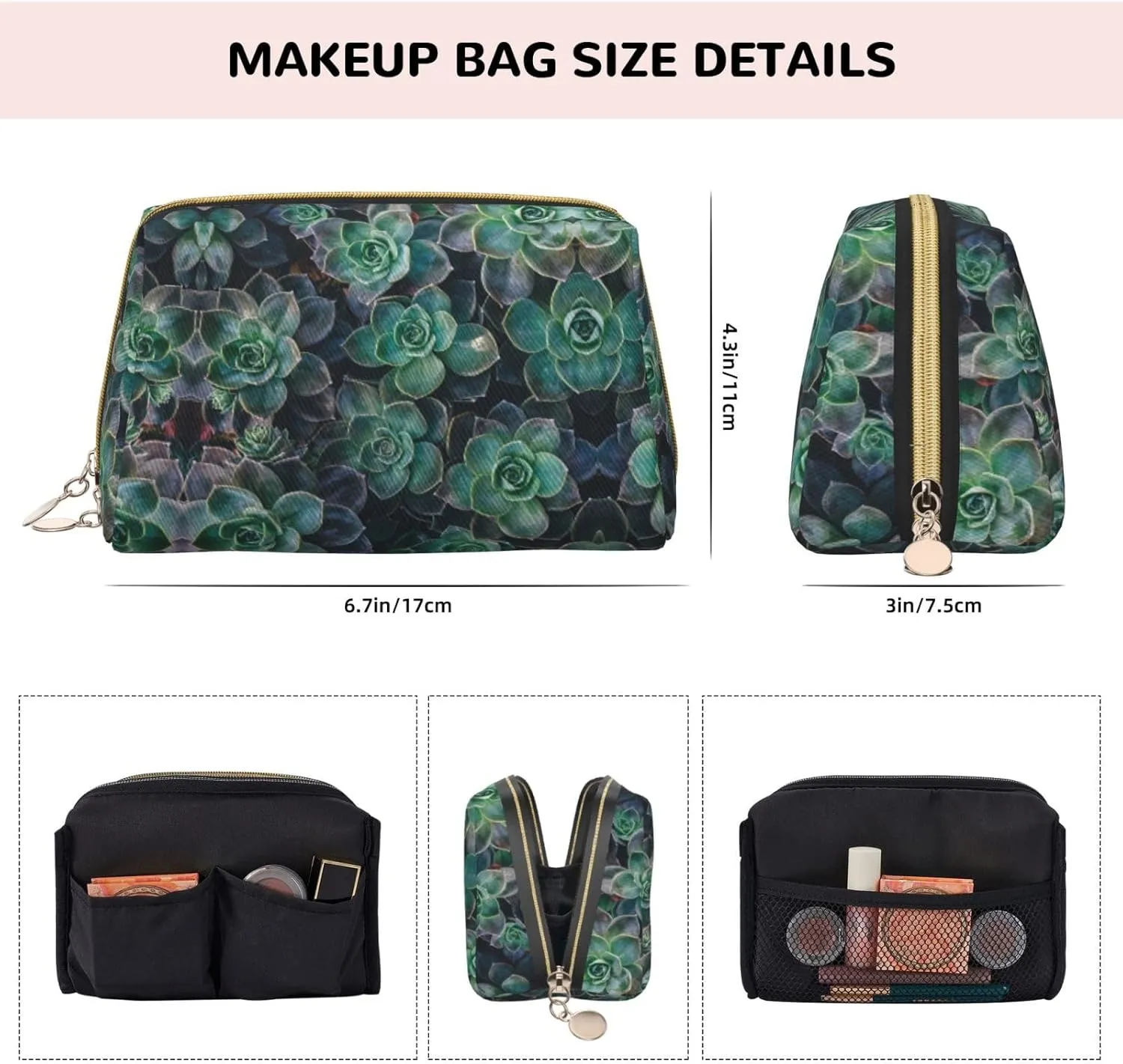 Green Succulent Toiletry Travel Bag, Portable Cosmetic Organizer For Women, On-The-Go