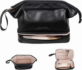 GRINKO Travel Makeup Bag, Large Capacity Toiletry Bag, Portable Pouch Cosmetic Bags for Women, PU Leather Waterproof Make up Organizer Black