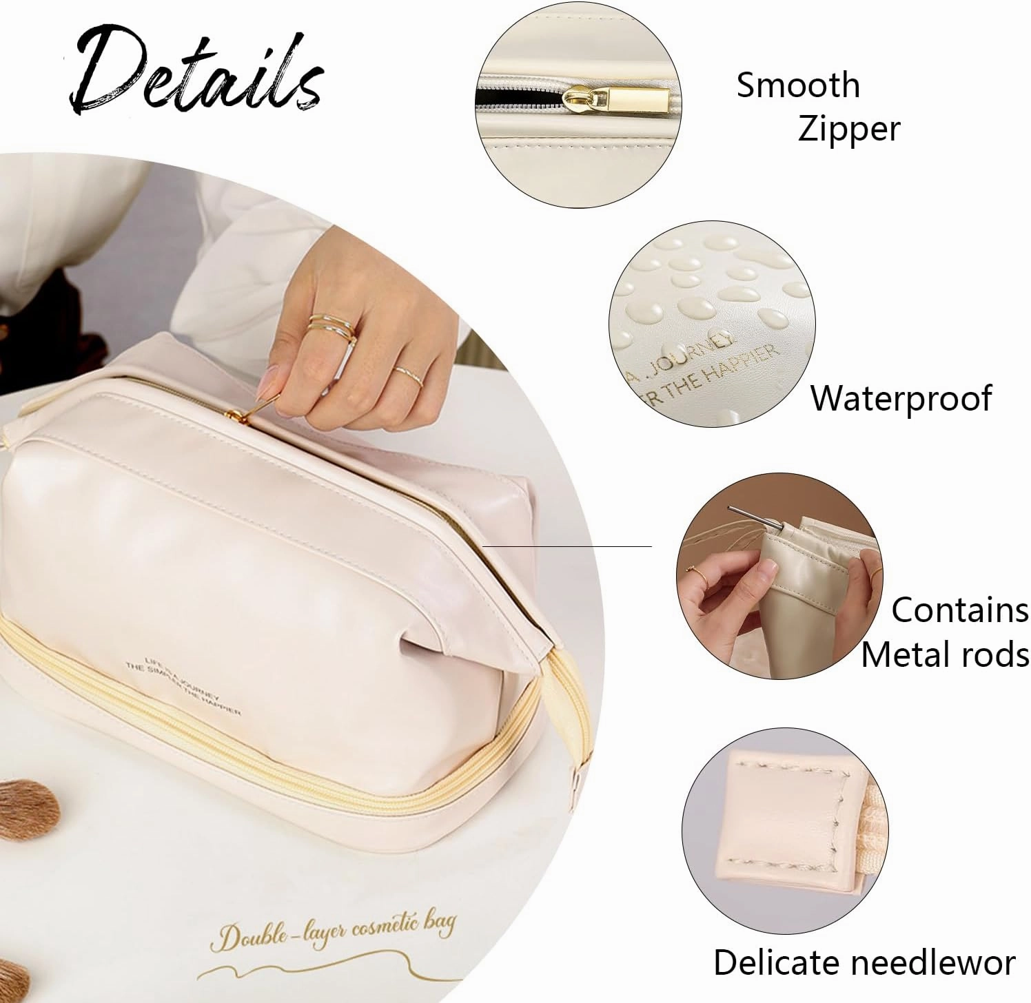 GRINKO Travel Makeup Bag, Large Capacity Toiletry Bag, Portable Pouch Cosmetic Bags for Women, PU Leather Waterproof Make up Organizer Black