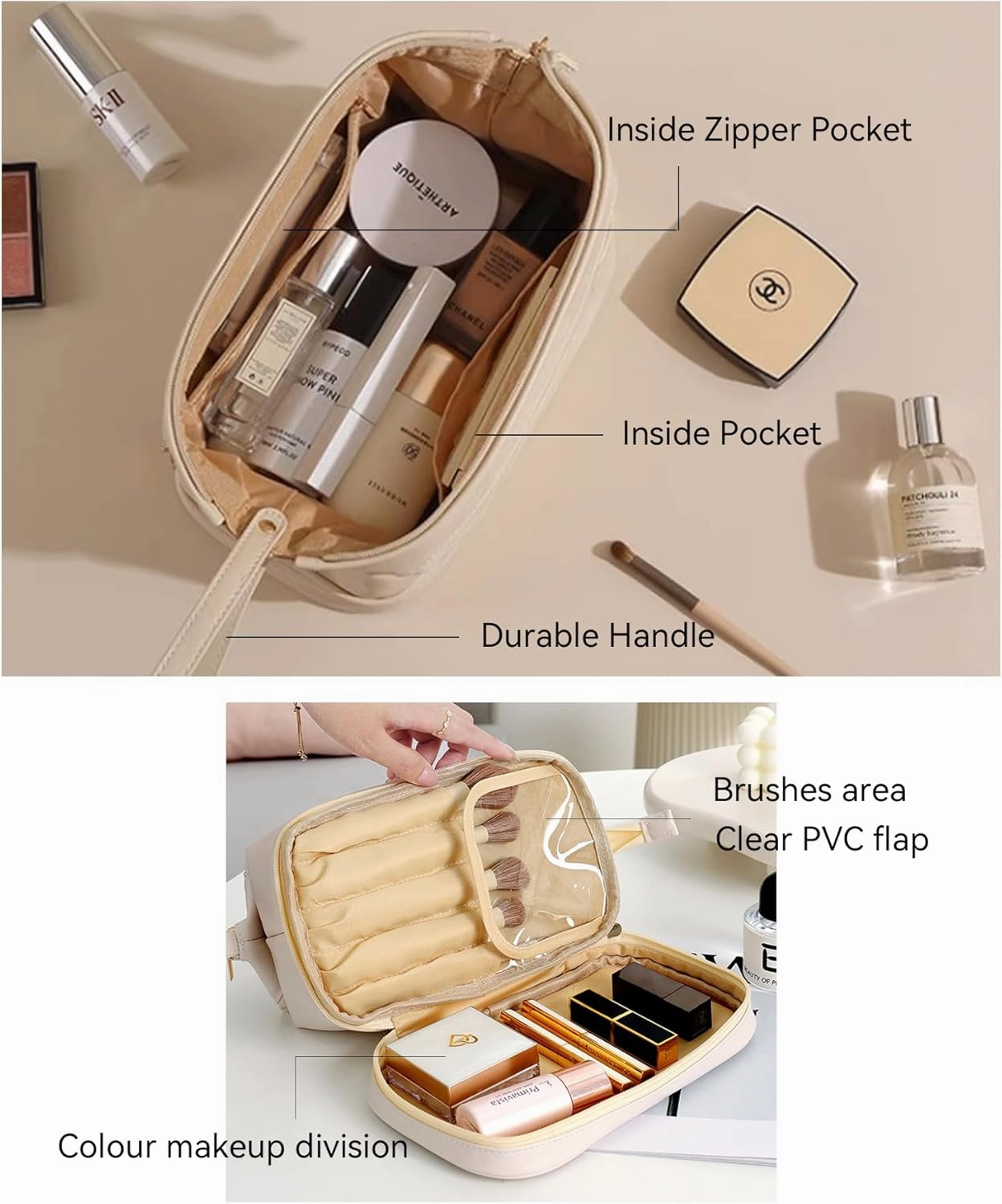 GRINKO Travel Makeup Bag, Large Capacity Toiletry Bag, Portable Pouch Cosmetic Bags for Women, PU Leather Waterproof Make up Organizer Black