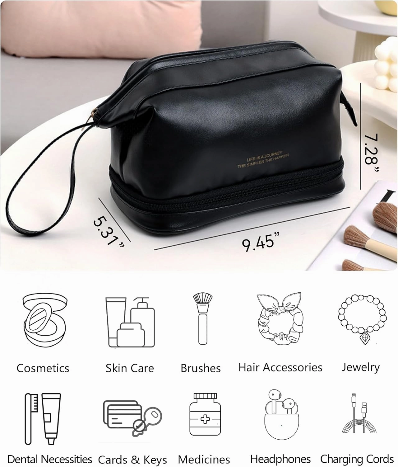 GRINKO Travel Makeup Bag, Large Capacity Toiletry Bag, Portable Pouch Cosmetic Bags for Women, PU Leather Waterproof Make up Organizer Black