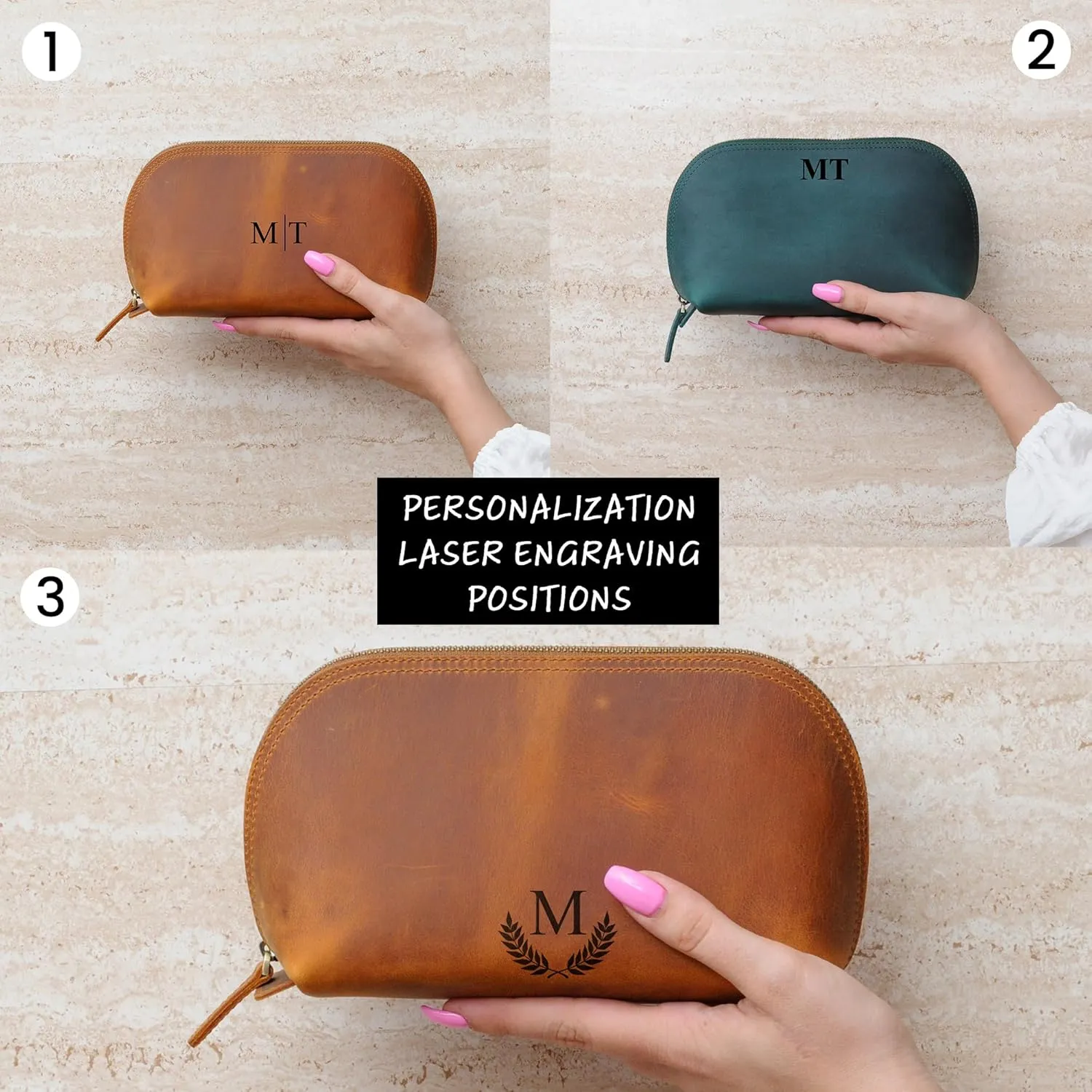 Handcrafted Leather Makeup Bag for Holiday, Customizable Handmade Leather Cosmetic Bag to Keep Toiletries for Travels, Camel