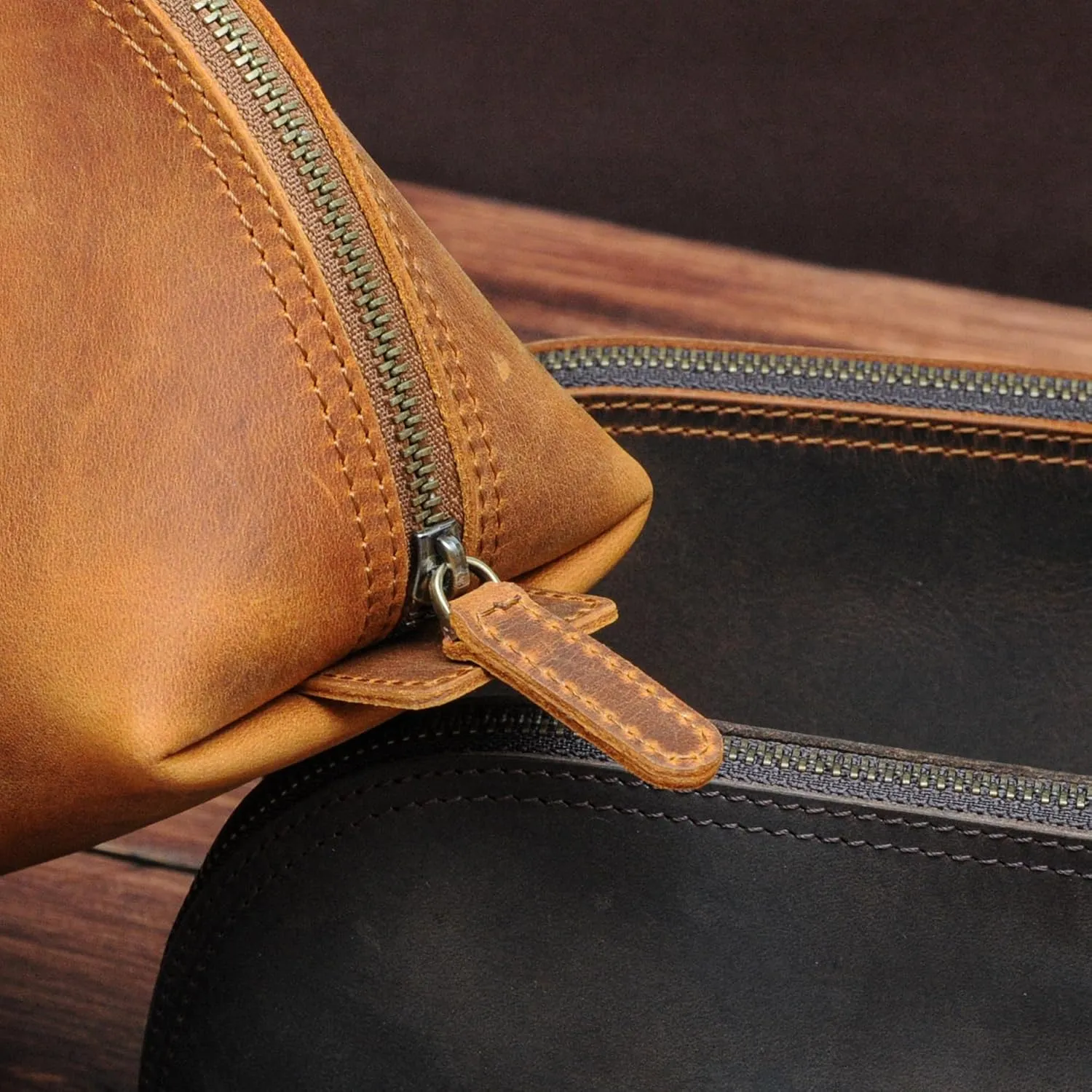 Handcrafted Leather Makeup Bag for Holiday, Customizable Handmade Leather Cosmetic Bag to Keep Toiletries for Travels, Camel