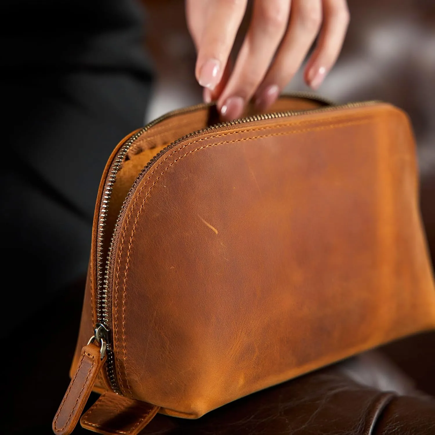 Handcrafted Leather Makeup Bag for Holiday, Customizable Handmade Leather Cosmetic Bag to Keep Toiletries for Travels, Camel