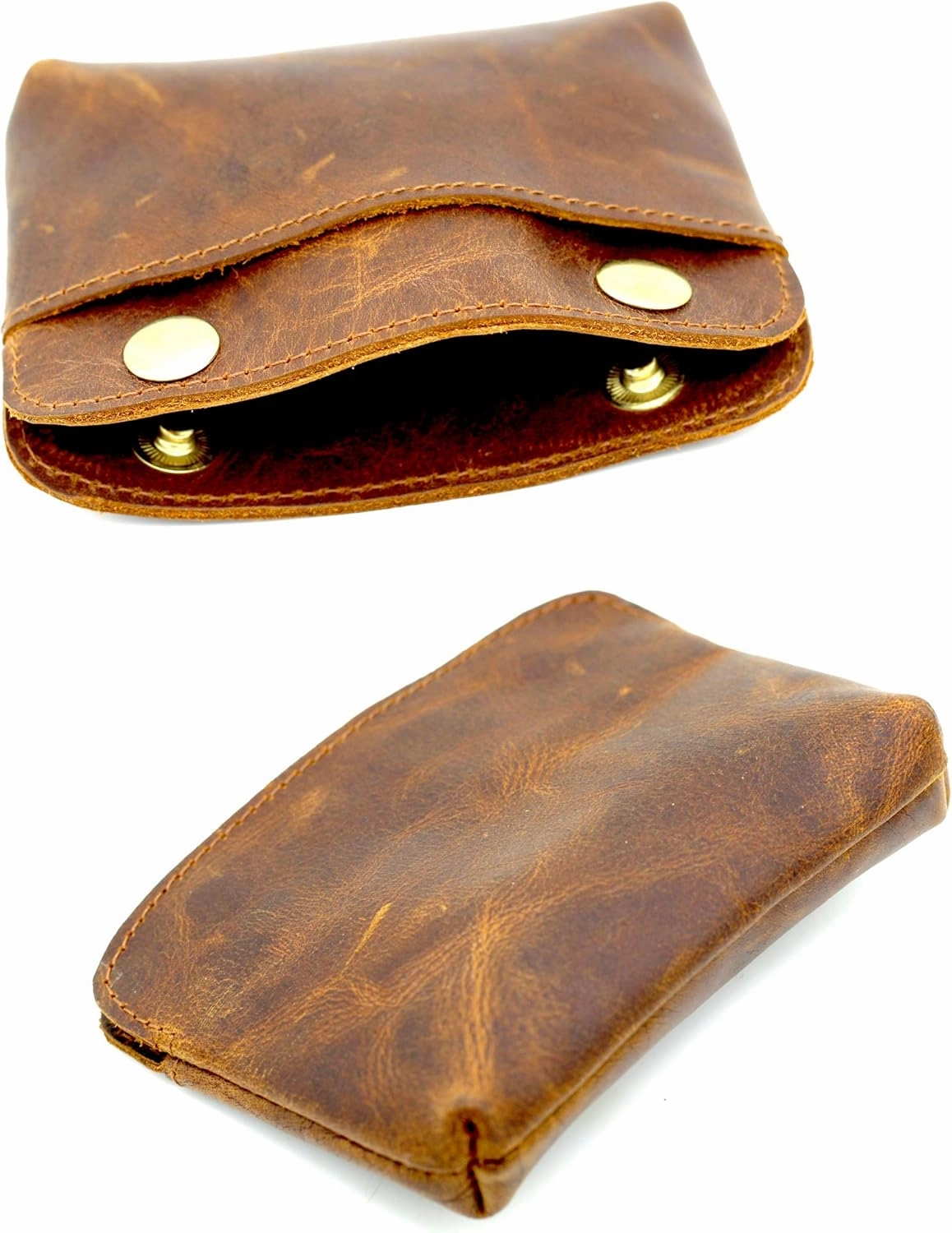 Handmade Genuine Leather Double Snap Pouch - Multipurpose Coin Purse, Cash & Card Holder, Cable Organizer, Makeup Storage - Durable, Stylish & Compact - Perfect for Travel, Daily Use, and Gift-Giving
