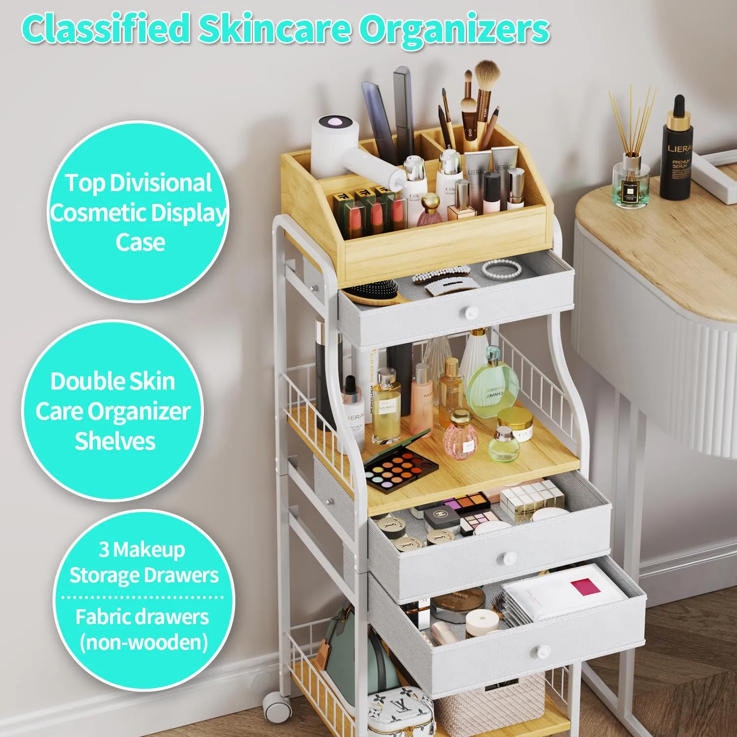 HapiRm Floor Makeup Organizer Storage - Vanity Skincare Make Up Organizers and Storage with Drawers, Cosmetics Display Cases Holder for Skin Care Nail Polish Perfume Makeup Brush