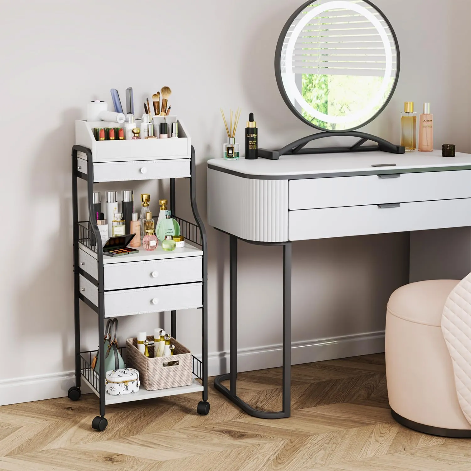 HapiRm Floor Makeup Organizer Storage - Vanity Skincare Make Up Organizers and Storage with Drawers, Cosmetics Display Cases Holder for Skin Care Nail Polish Perfume Makeup Brush