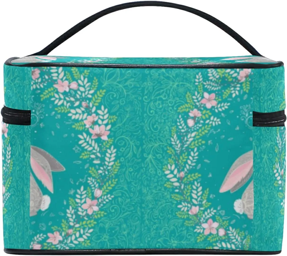 Happy Easter Two Hares, Floral Wreath, Floral Ornament on Turquoise Beauty Cosmetic with Zipper Brush Portable Storage Bag, Fashion printing Toiletry, Durable Travel Organizer Tote Unisex Gifts