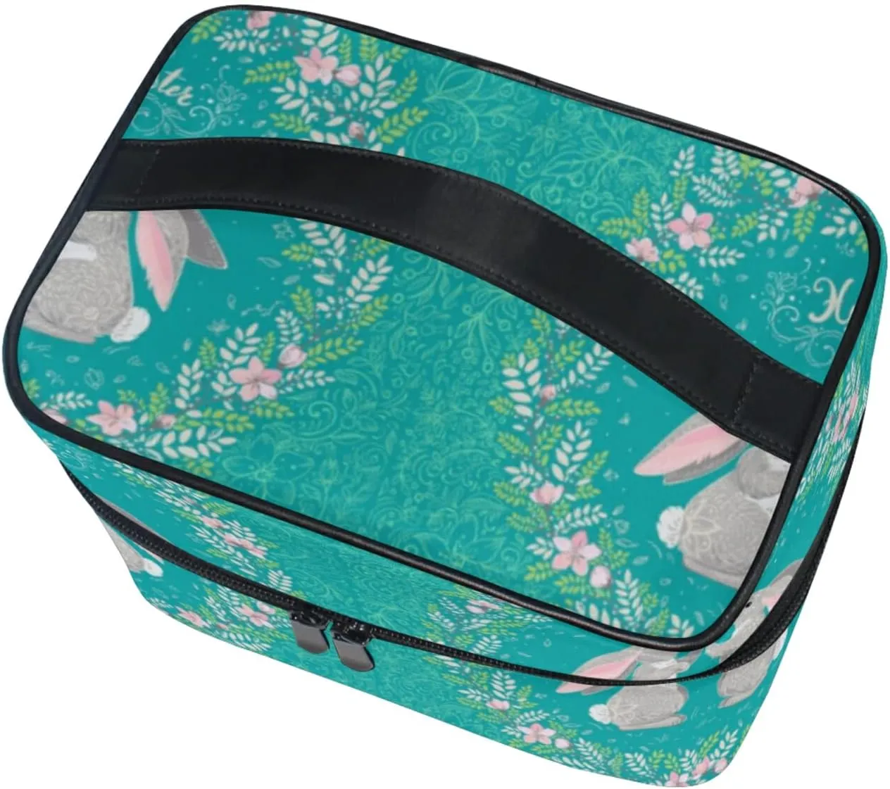 Happy Easter Two Hares, Floral Wreath, Floral Ornament on Turquoise Beauty Cosmetic with Zipper Brush Portable Storage Bag, Fashion printing Toiletry, Durable Travel Organizer Tote Unisex Gifts
