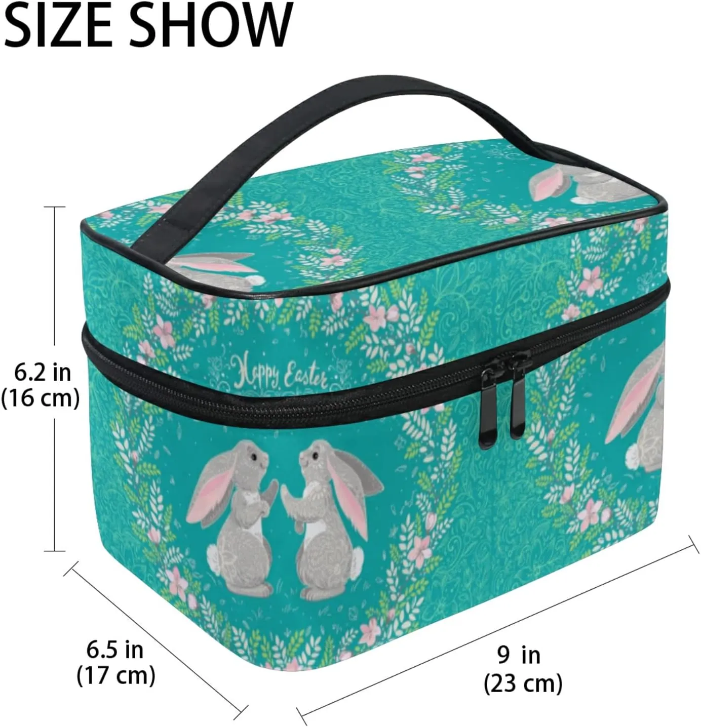 Happy Easter Two Hares, Floral Wreath, Floral Ornament on Turquoise Beauty Cosmetic with Zipper Brush Portable Storage Bag, Fashion printing Toiletry, Durable Travel Organizer Tote Unisex Gifts