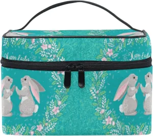 Happy Easter Two Hares, Floral Wreath, Floral Ornament on Turquoise Beauty Cosmetic with Zipper Brush Portable Storage Bag, Fashion printing Toiletry, Durable Travel Organizer Tote Unisex Gifts