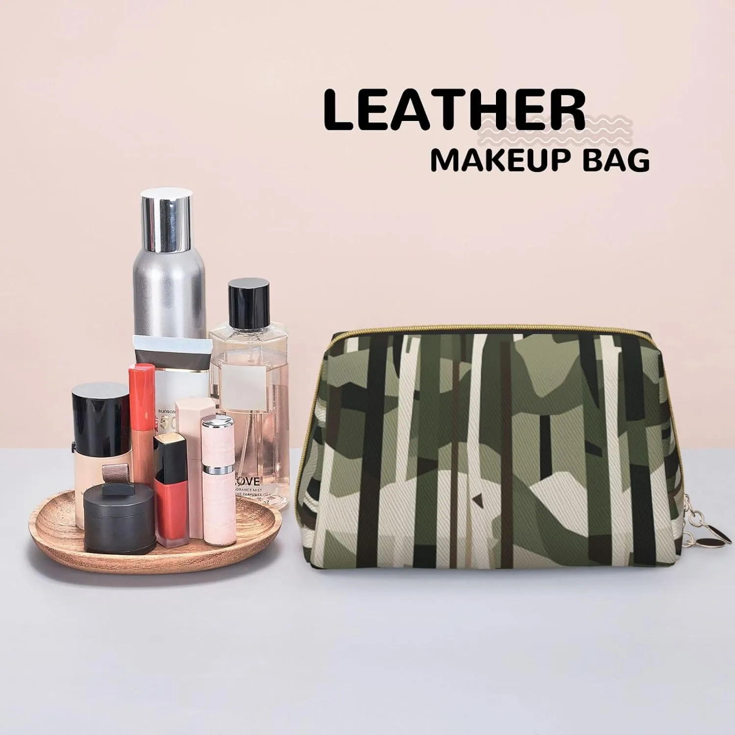 Hardwoods Green Camo Printed Small Makeup Bag,Travel Cosmetic Bag Purse with Zipper,Water-resistant Makeup Organizer Bag for Women