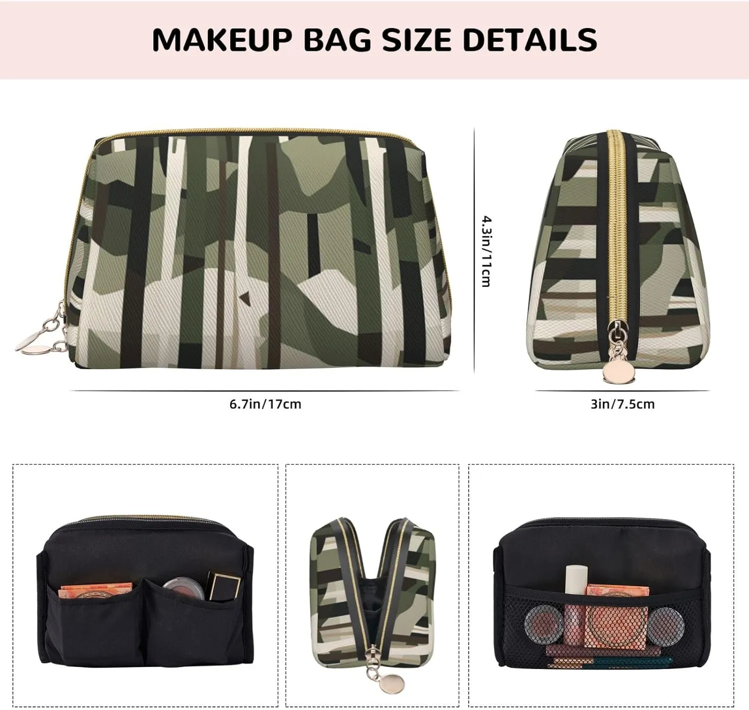Hardwoods Green Camo Printed Small Makeup Bag,Travel Cosmetic Bag Purse with Zipper,Water-resistant Makeup Organizer Bag for Women