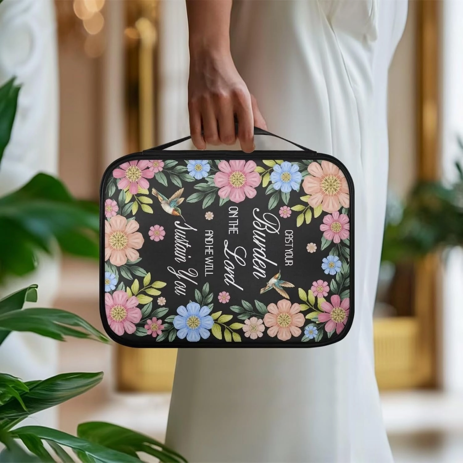 Hummingbird Floral Print Bible Cover PU Leather Bible Case He Will Sustain You Lightweight Book Carrying Case with Handle Dustproof Bible Bag, 11.02 x 8.66 x 2.36 inches