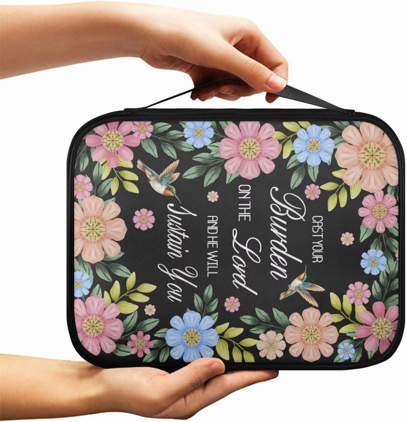 Hummingbird Floral Print Bible Cover PU Leather Bible Case He Will Sustain You Lightweight Book Carrying Case with Handle Dustproof Bible Bag, 11.02 x 8.66 x 2.36 inches
