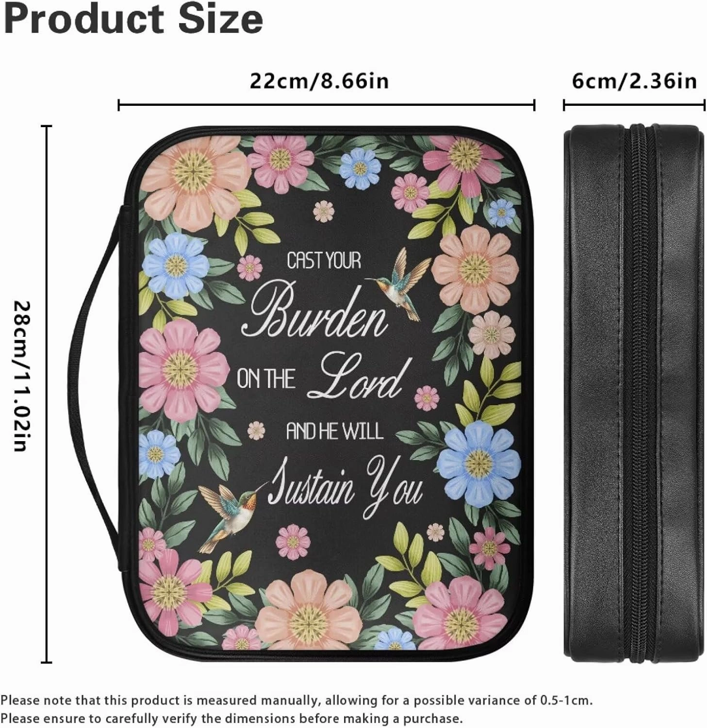 Hummingbird Floral Print Bible Cover PU Leather Bible Case He Will Sustain You Lightweight Book Carrying Case with Handle Dustproof Bible Bag, 11.02 x 8.66 x 2.36 inches