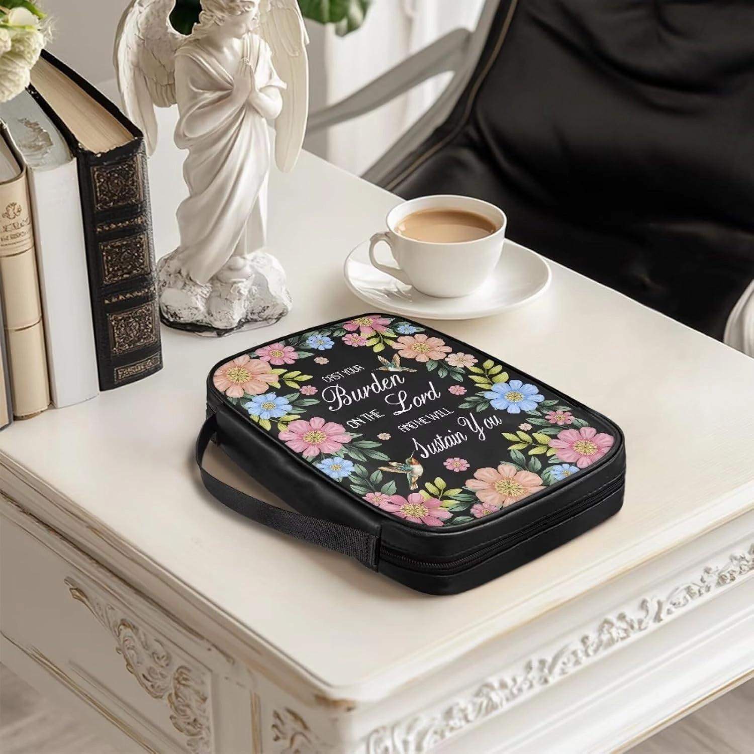 Hummingbird Floral Print Bible Cover PU Leather Bible Case He Will Sustain You Lightweight Book Carrying Case with Handle Dustproof Bible Bag, 11.02 x 8.66 x 2.36 inches