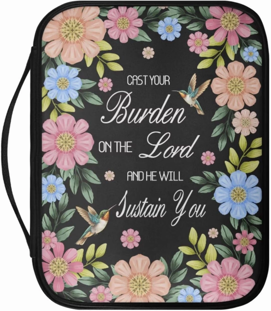 Hummingbird Floral Print Bible Cover PU Leather Bible Case He Will Sustain You Lightweight Book Carrying Case with Handle Dustproof Bible Bag, 11.02 x 8.66 x 2.36 inches