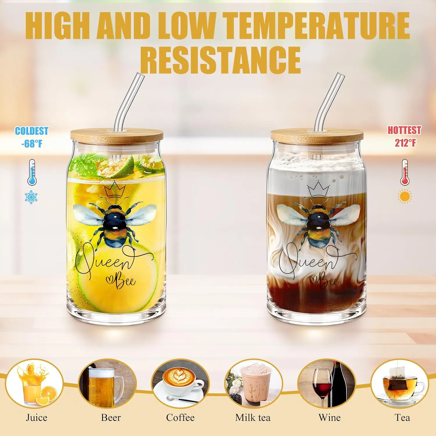 Hushee 3 Pcs Employee Appreciation Gifts Bee Theme for Women Makeup Bag and Glass Cup with Lid Straw Keychain Thank You Gifts for Nurse Teacher Volunteer