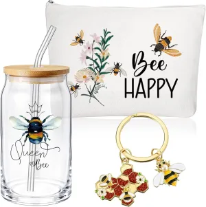 Hushee 3 Pcs Employee Appreciation Gifts Bee Theme for Women Makeup Bag and Glass Cup with Lid Straw Keychain Thank You Gifts for Nurse Teacher Volunteer