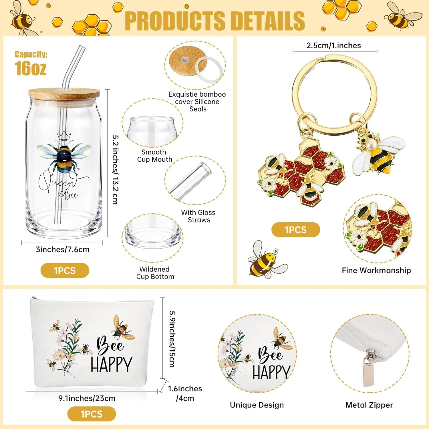 Hushee 3 Pcs Employee Appreciation Gifts Bee Theme for Women Makeup Bag and Glass Cup with Lid Straw Keychain Thank You Gifts for Nurse Teacher Volunteer