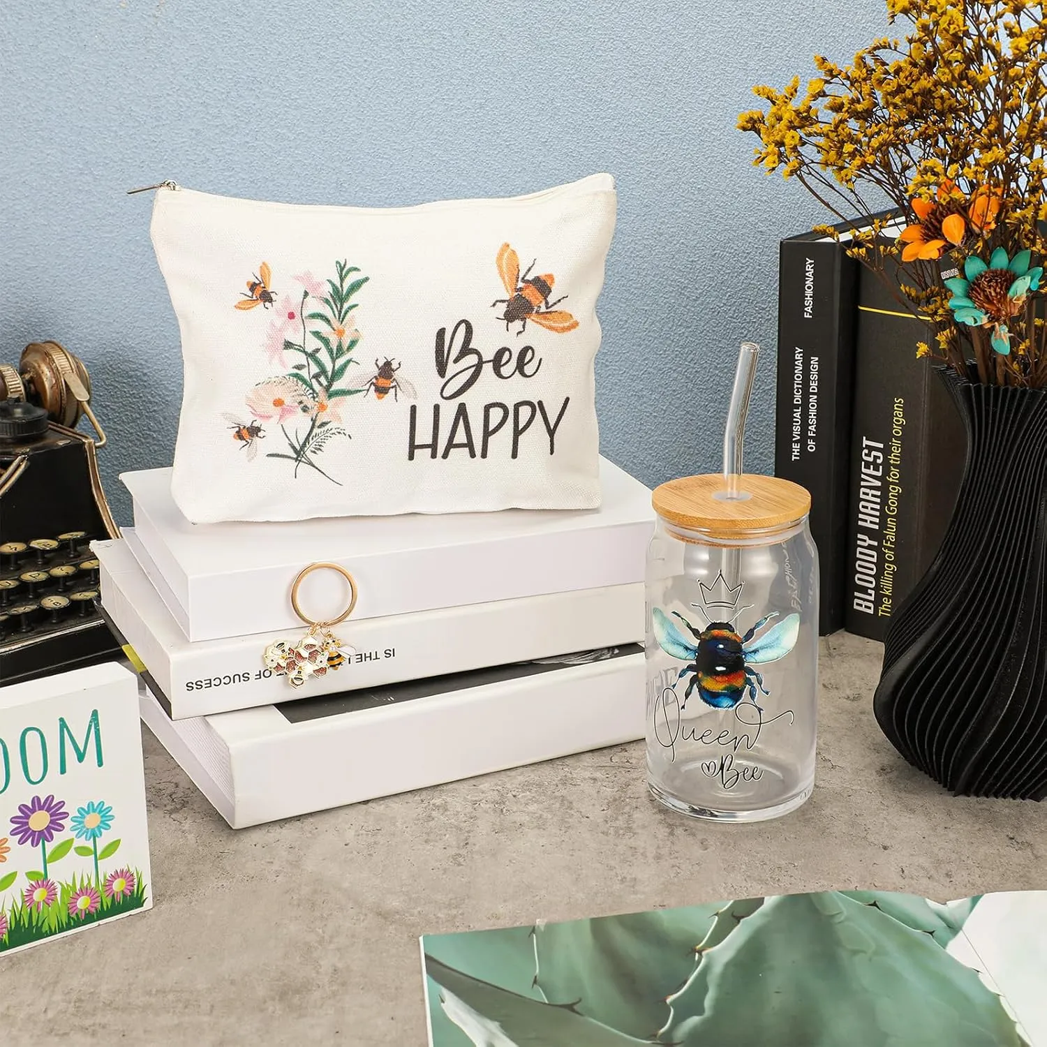 Hushee 3 Pcs Employee Appreciation Gifts Bee Theme for Women Makeup Bag and Glass Cup with Lid Straw Keychain Thank You Gifts for Nurse Teacher Volunteer