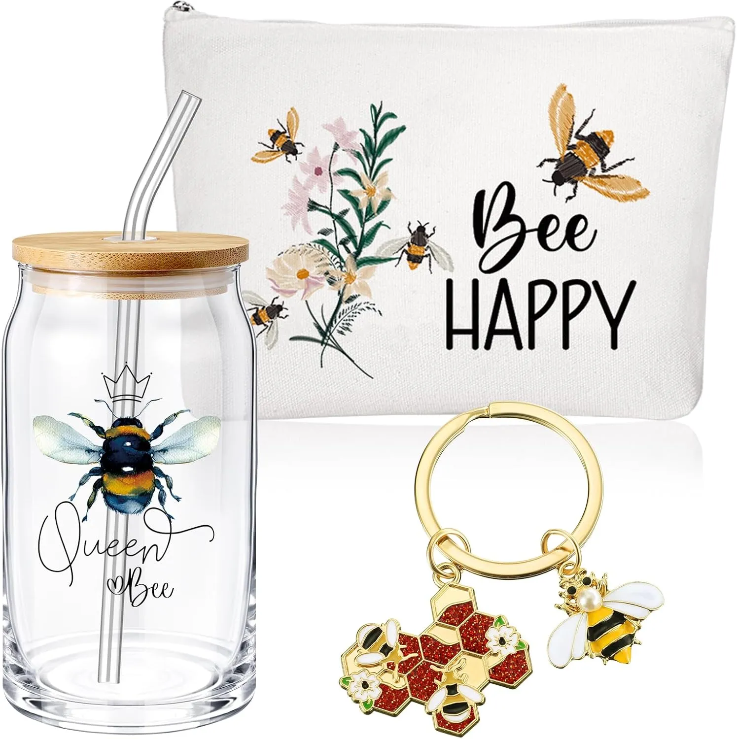 Hushee 3 Pcs Employee Appreciation Gifts Bee Theme for Women Makeup Bag and Glass Cup with Lid Straw Keychain Thank You Gifts for Nurse Teacher Volunteer