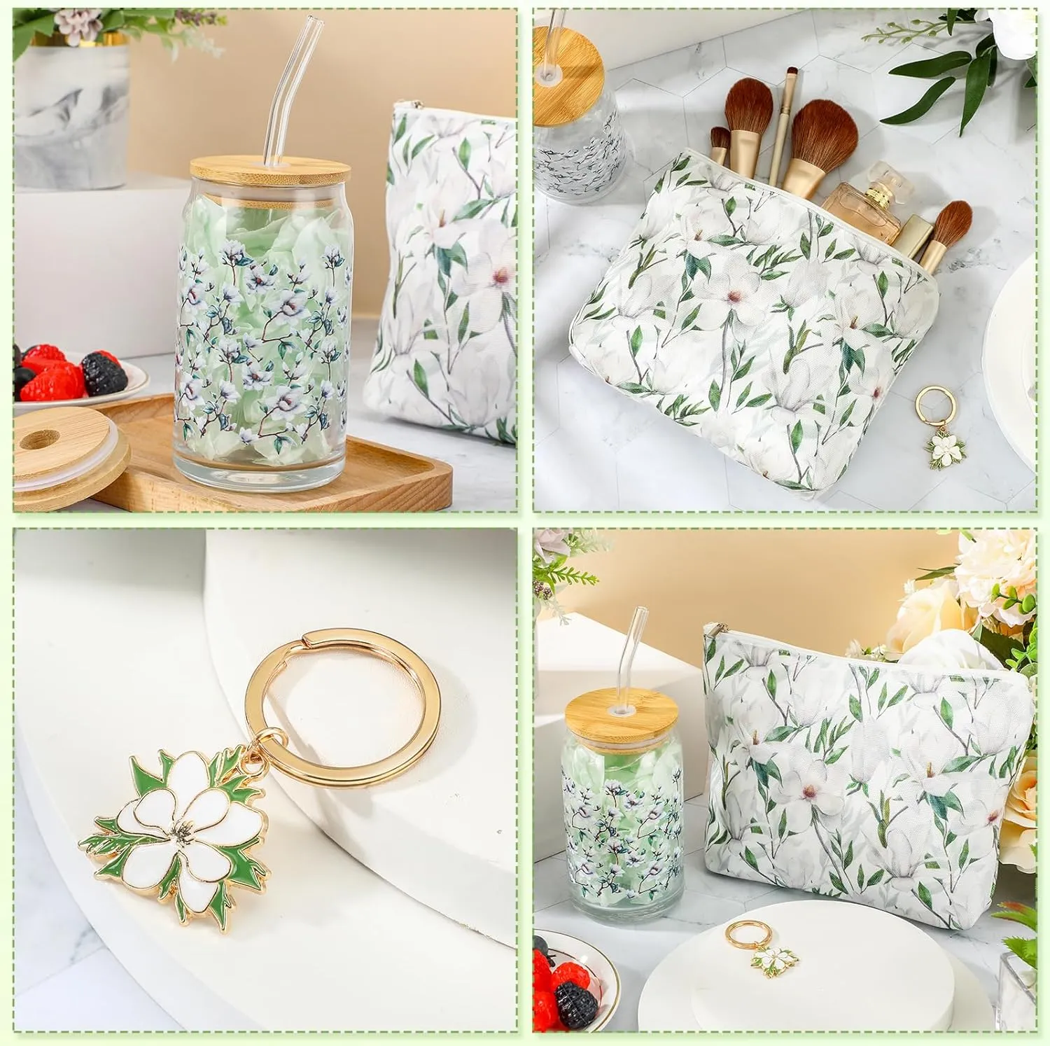 Hushee 3 Pcs Employee Appreciation Gifts Magnolia Theme for Women Makeup Bag and Glass Cup with Lid Straw Keychain Thank You Gifts for Mother's Day Nurse Teacher Volunteer