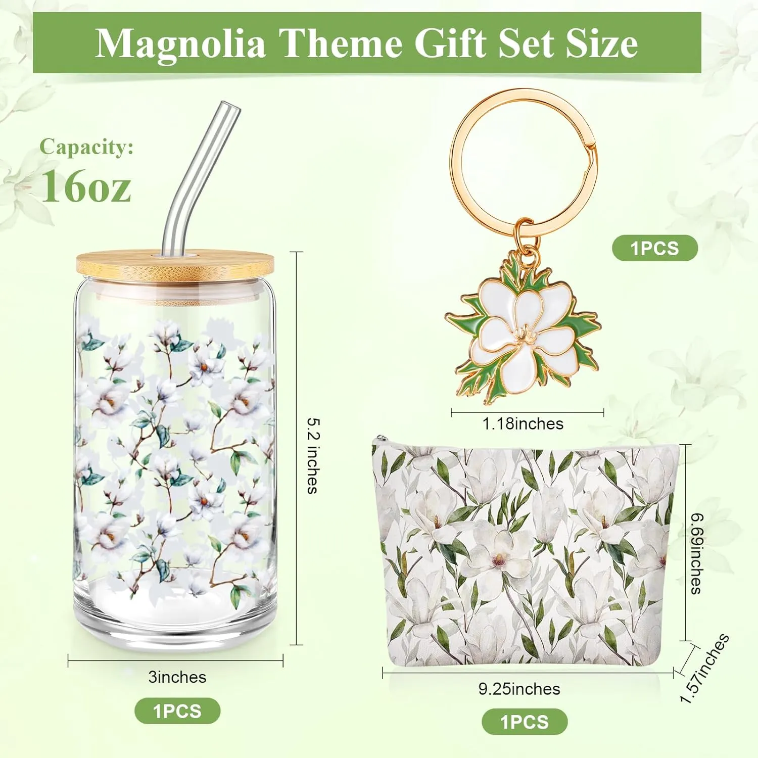 Hushee 3 Pcs Employee Appreciation Gifts Magnolia Theme for Women Makeup Bag and Glass Cup with Lid Straw Keychain Thank You Gifts for Mother's Day Nurse Teacher Volunteer