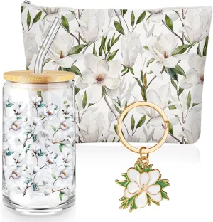 Hushee 3 Pcs Employee Appreciation Gifts Magnolia Theme for Women Makeup Bag and Glass Cup with Lid Straw Keychain Thank You Gifts for Mother's Day Nurse Teacher Volunteer