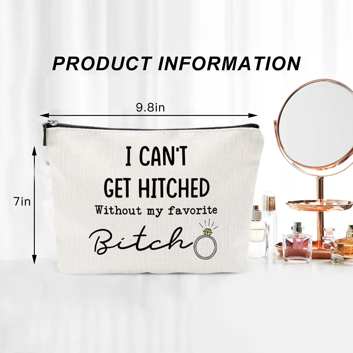 I Can't Get Hitched Without My Favorite Canvas Makeup Bag – Bridesmaid Proposal Gifts, Funny Wedding Gifts for Bridesmaids, Bridal Party Accessories, Gift Idea for Bride Tribe