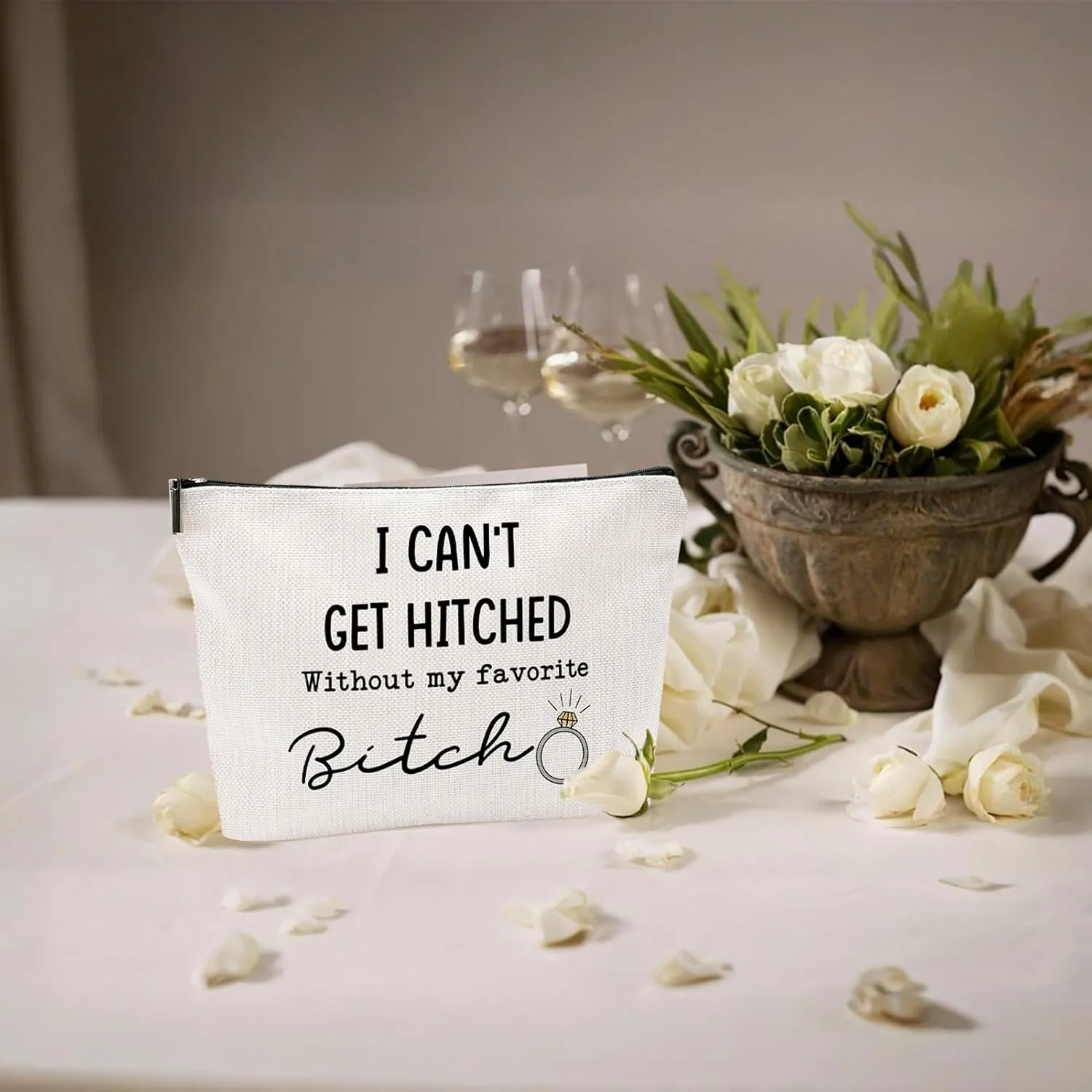I Can't Get Hitched Without My Favorite Canvas Makeup Bag – Bridesmaid Proposal Gifts, Funny Wedding Gifts for Bridesmaids, Bridal Party Accessories, Gift Idea for Bride Tribe