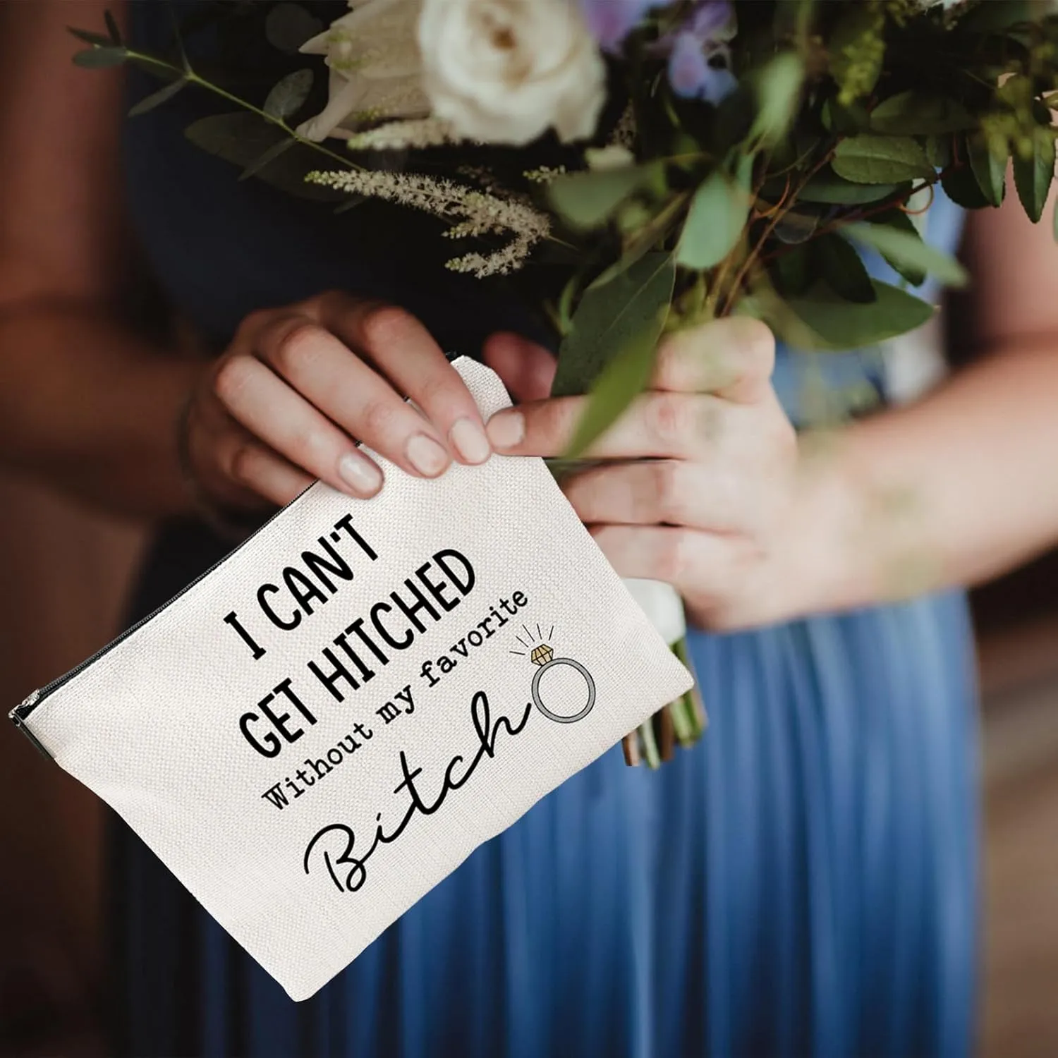 I Can't Get Hitched Without My Favorite Canvas Makeup Bag – Bridesmaid Proposal Gifts, Funny Wedding Gifts for Bridesmaids, Bridal Party Accessories, Gift Idea for Bride Tribe