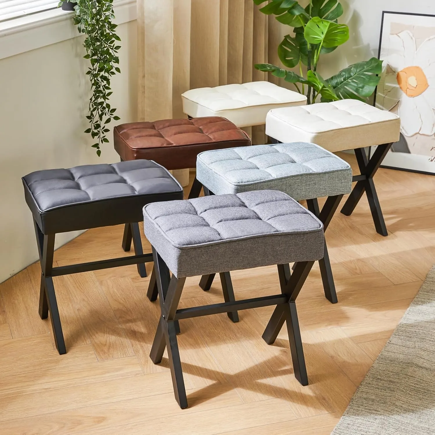 IBUYKE Square Makeup Stool with X-Leg Foot Rest, PU Footrest, Ottoman Seat Vanity Stool, Multi-Use as Small Side Table, for Bedroom, Living Room, Dark Brown LG-71Z