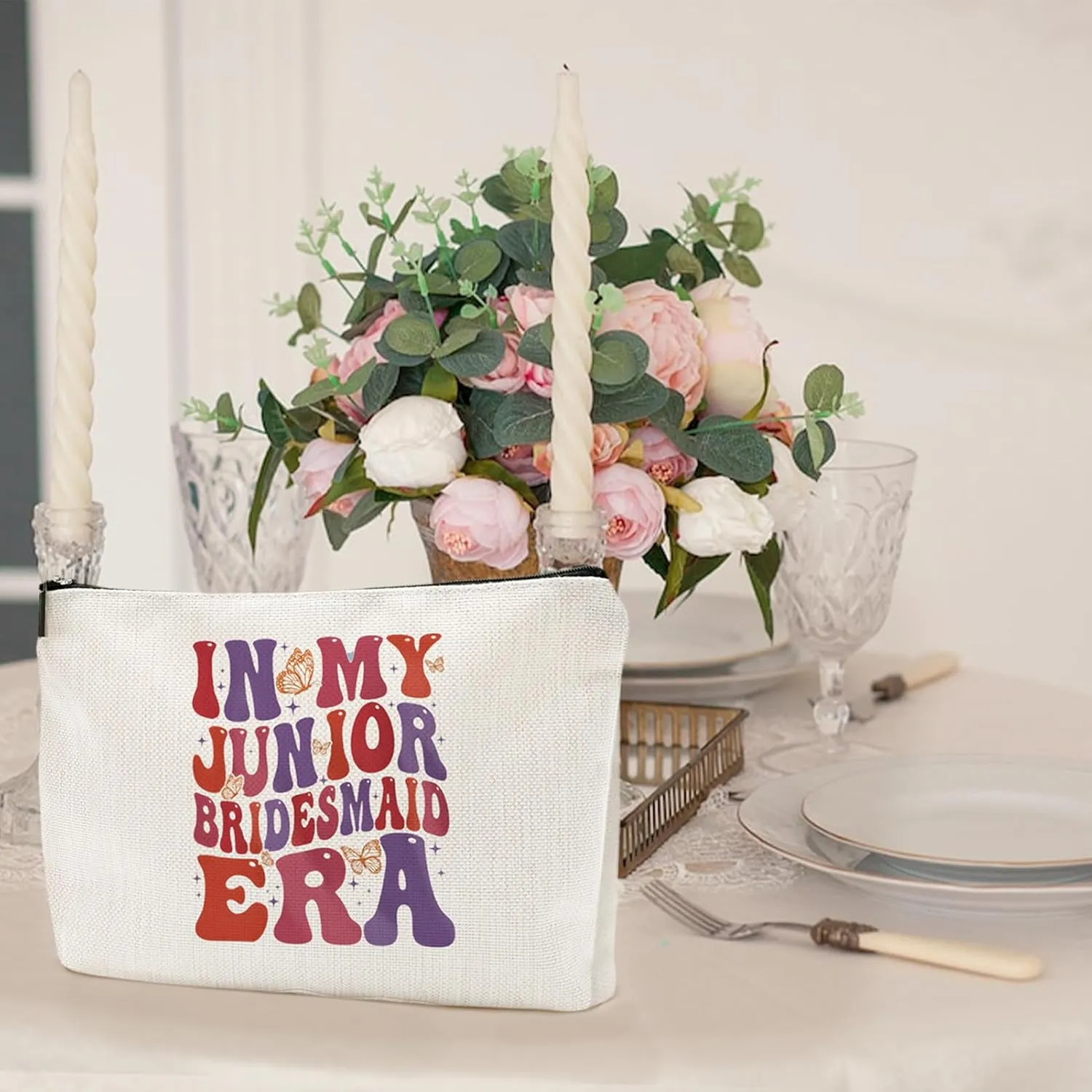 In My Junior Bridesmaid Era Canvas Makeup Bag – Bridal Party Gifts for Junior Bridesmaids,Wedding Favor for Flower Girls, Travel Cosmetic Pouch, Bachelorette Party Gift