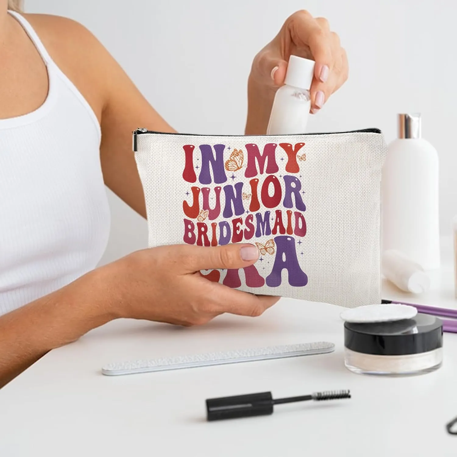 In My Junior Bridesmaid Era Canvas Makeup Bag – Bridal Party Gifts for Junior Bridesmaids,Wedding Favor for Flower Girls, Travel Cosmetic Pouch, Bachelorette Party Gift