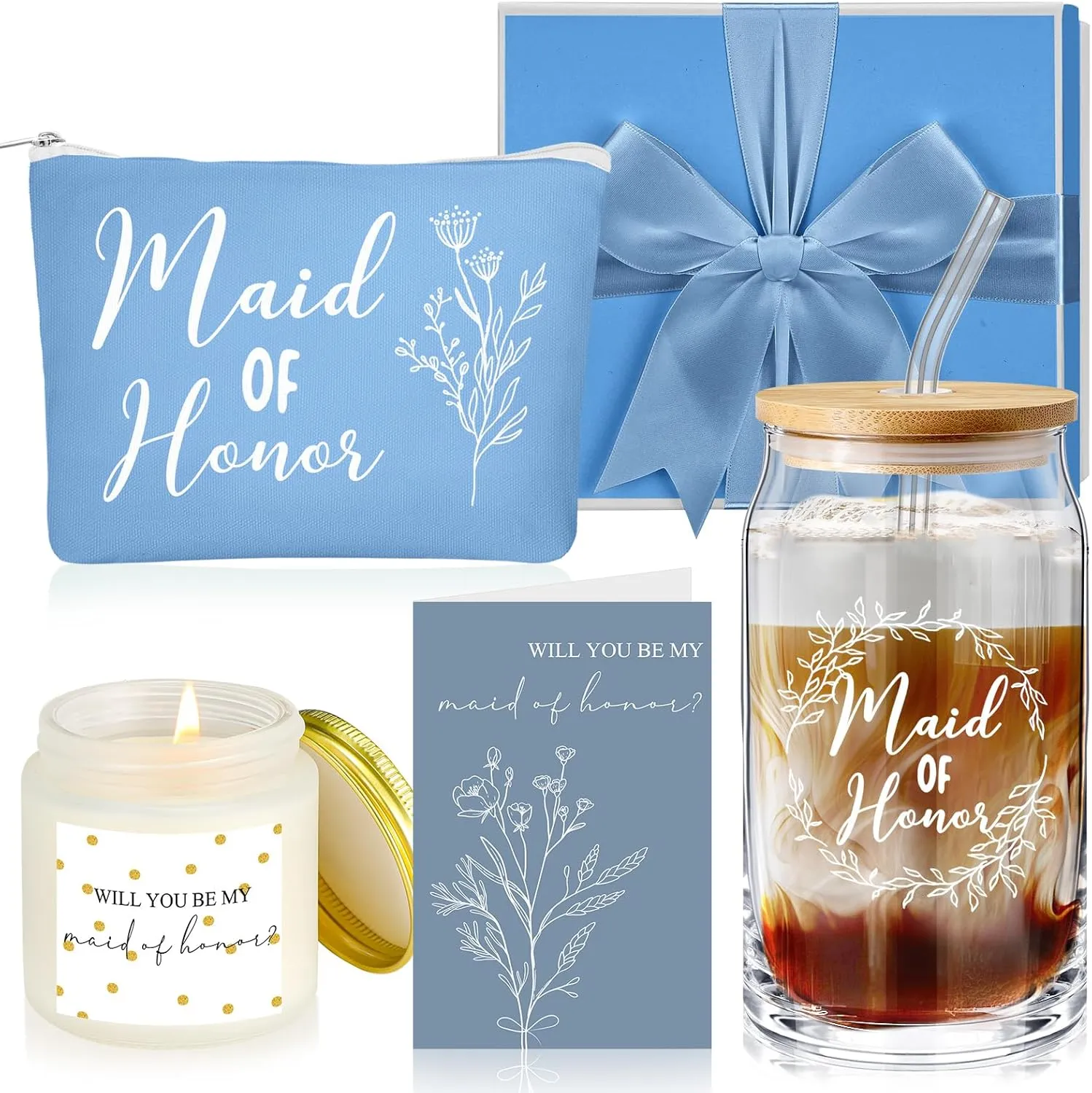 Inbagi Maid of Honor Gifts Box Set of 5 Includes Glass Cup with Lid and Straw Makeup Bag Sage Scented Candle Wedding Invitation Cards Proposal Gifts for Bridal Party Favors (Blue)