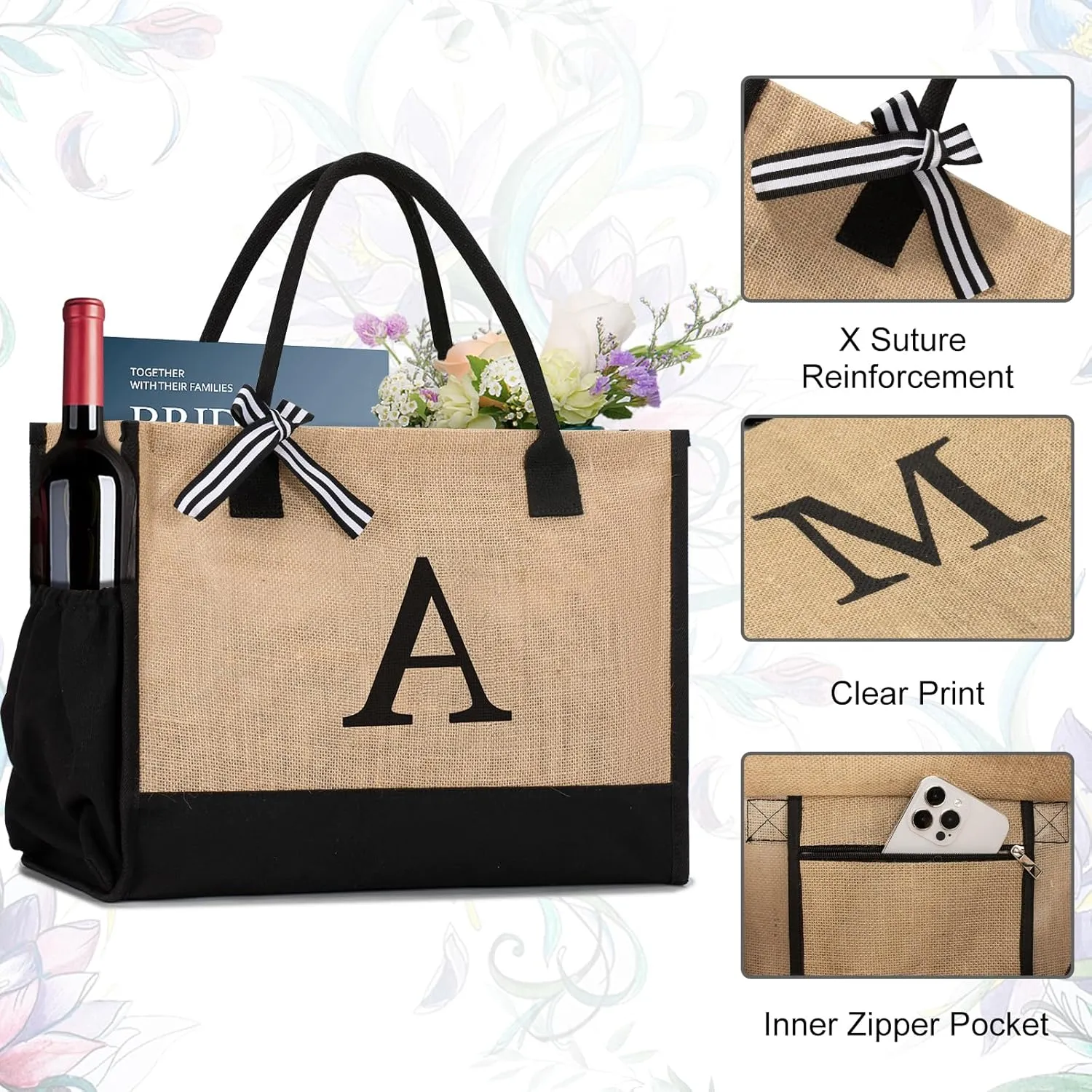 Initial Canvas Tote Bag Birthdays Gift for Women Mom Teacher Friend Bridesmaid,Custom for Wedding Beach Holidays