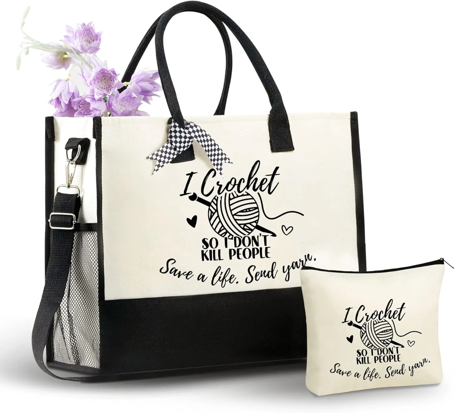 InnoBeta Funny Crochet Gifts for Women, Crochet Gifts Canvas Tote Bag with Makeup Bag, Top Zipper Closure for Crochet Lovers on Mother's Day, Birthday, Christmas - Yarn