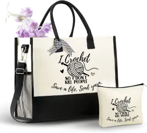 InnoBeta Funny Crochet Gifts for Women, Crochet Gifts Canvas Tote Bag with Makeup Bag, Top Zipper Closure for Crochet Lovers on Mother's Day, Birthday, Christmas - Yarn