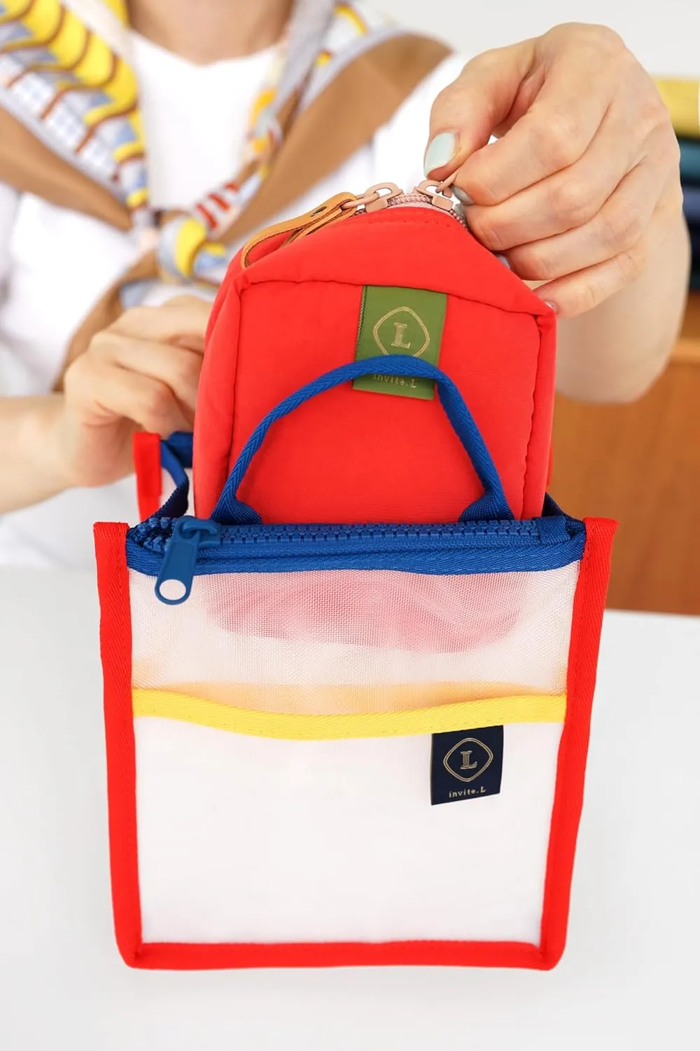 Invite.L Small Stand Up Compact Cosmetic Bag Organized Pockets Korean Beauty Case Portable Makeup Pouch Toiletry Storage Work Essentials Elegant (Svea Blue)