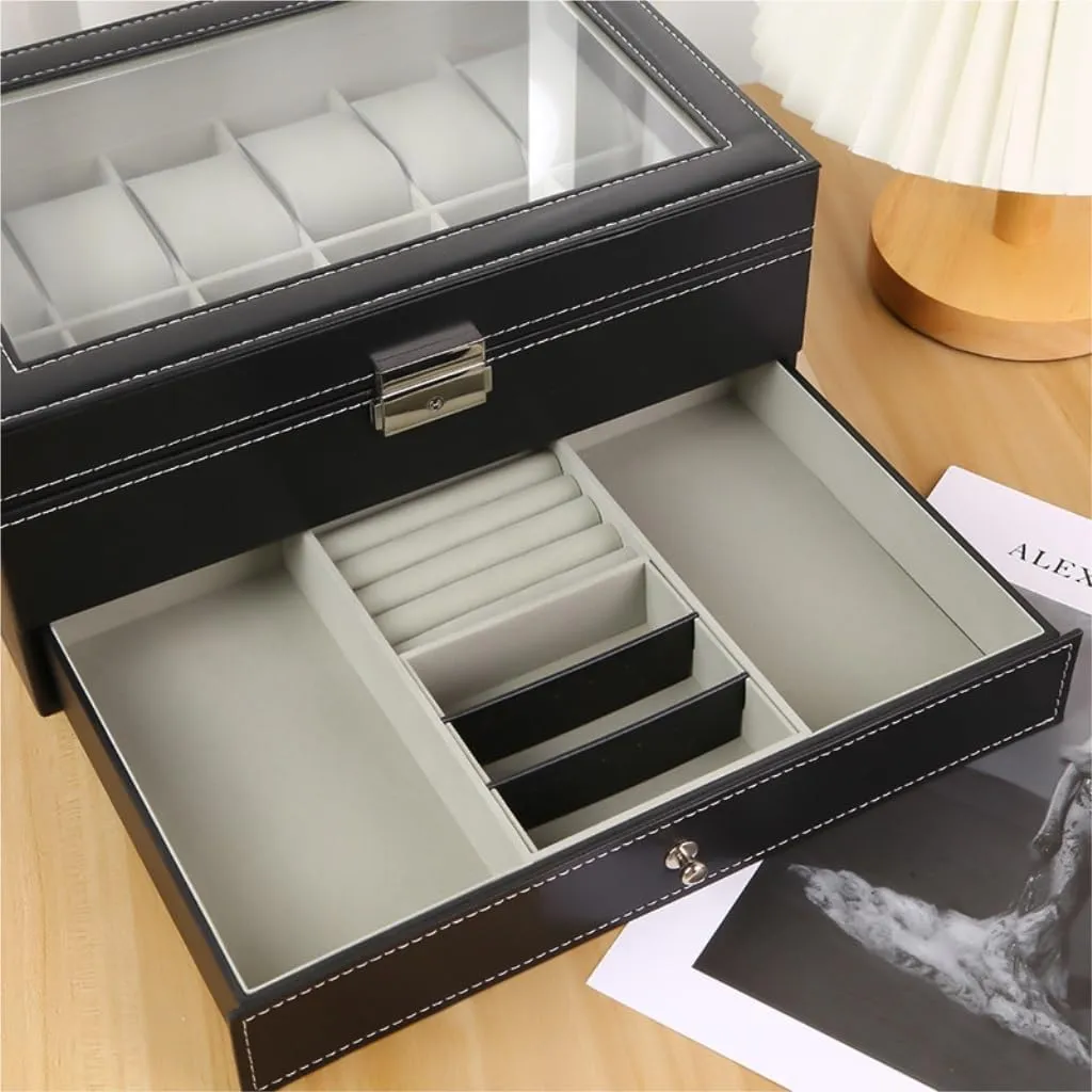 Jewlry Box Double Layer Watch Box Wooden Leather Transparent Window Jewelry Storage Box Business Jewelry Packaging Box Jewery Box
