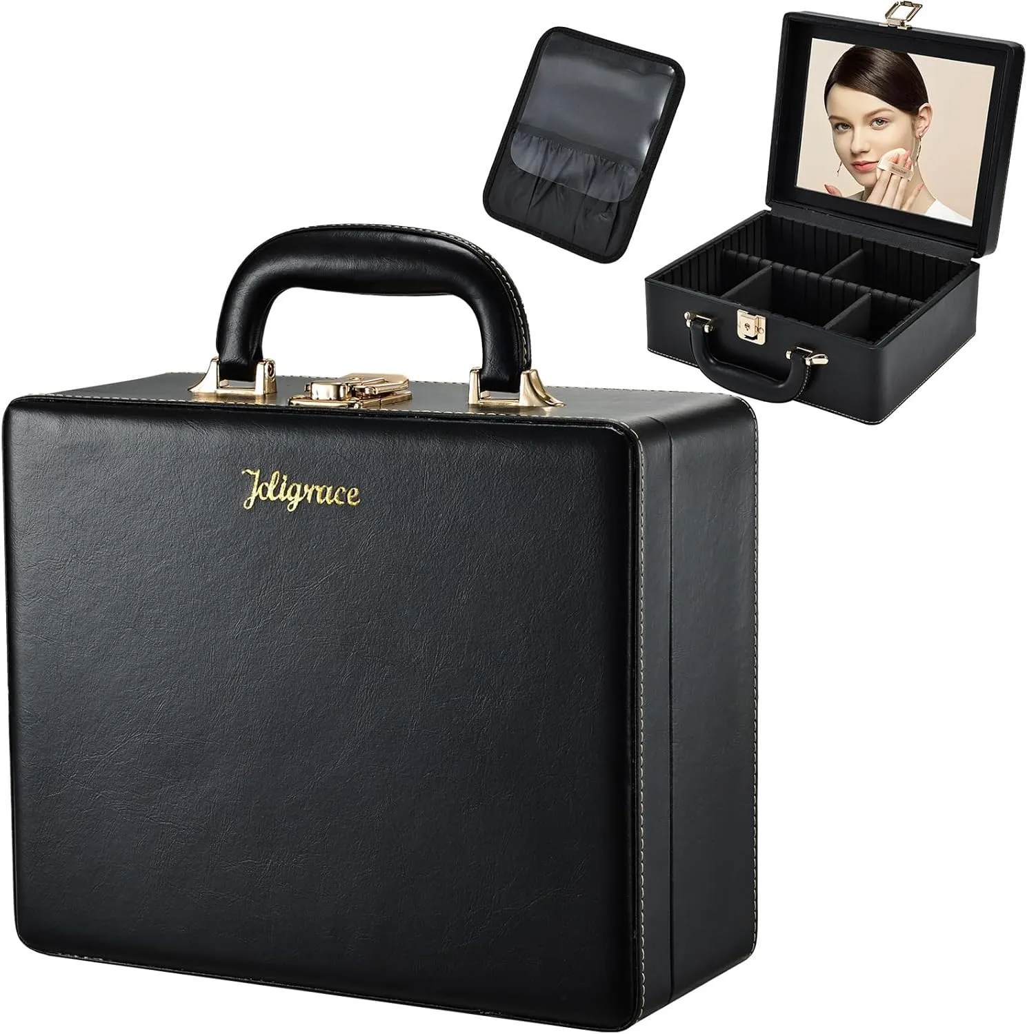 Joligrace Travel Makeup Case, Travel Makeup Organizer Case with Mirror, Makeup Train Case Leather Portable Makeup Box Storage Bag,with Adjustable Dividers & Brush Holder (Black)