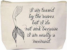 Jules Natural Canvas Extra Large Makeup Zipper Bag I Am Tossed By The Waves But I Do Not Sink Because I'm Really A Mermaid