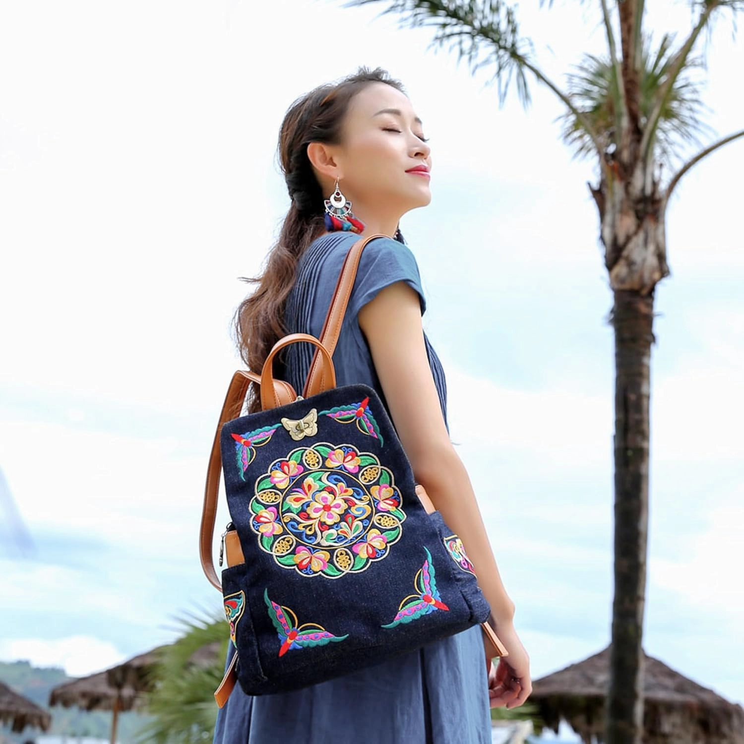 Jursccu Denim Embroidered Floral Canvas Backpacks for Women Anti theft Retro Jeans Travel Ethnic Style Shoulder Bag (Jean Navy Blue) one-size